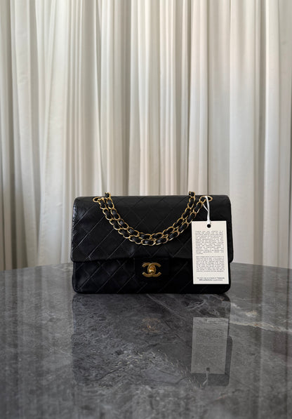 CHANEL CLASSIC DOUBLE FLAP BAG MEDIUM BLACK 24K GOLD HW