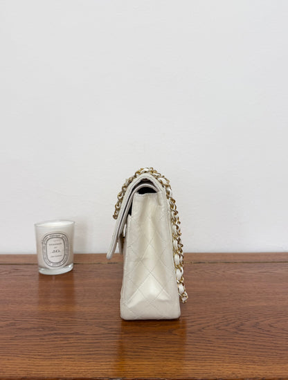 CHANEL CLASSIC DOUBLE FLAP BAG WHITE MEDIUM TALL 24K GOLD