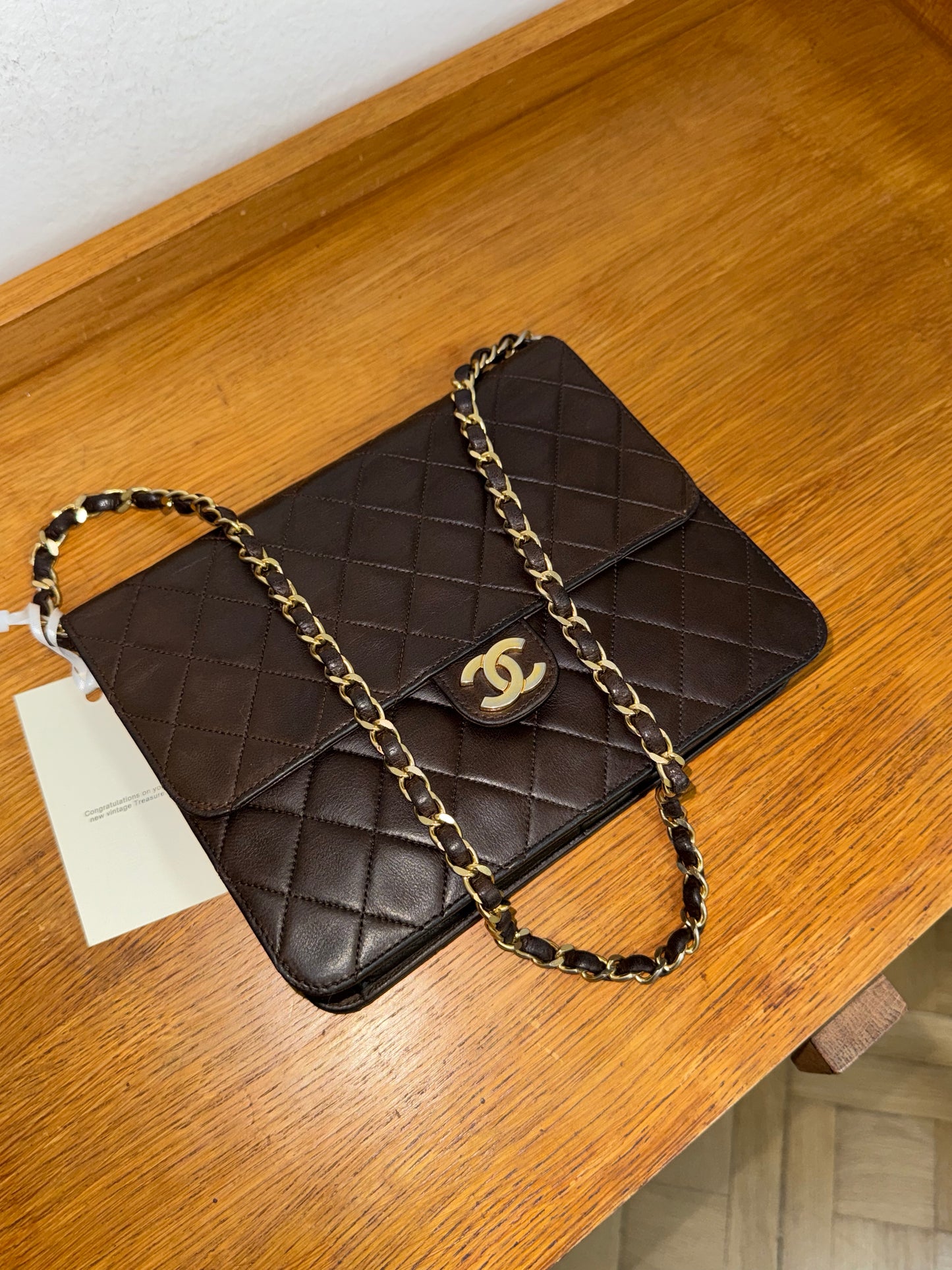 CHANEL CLASSIC SINGLE FLAP BAG BROWN 24k GOLD HW