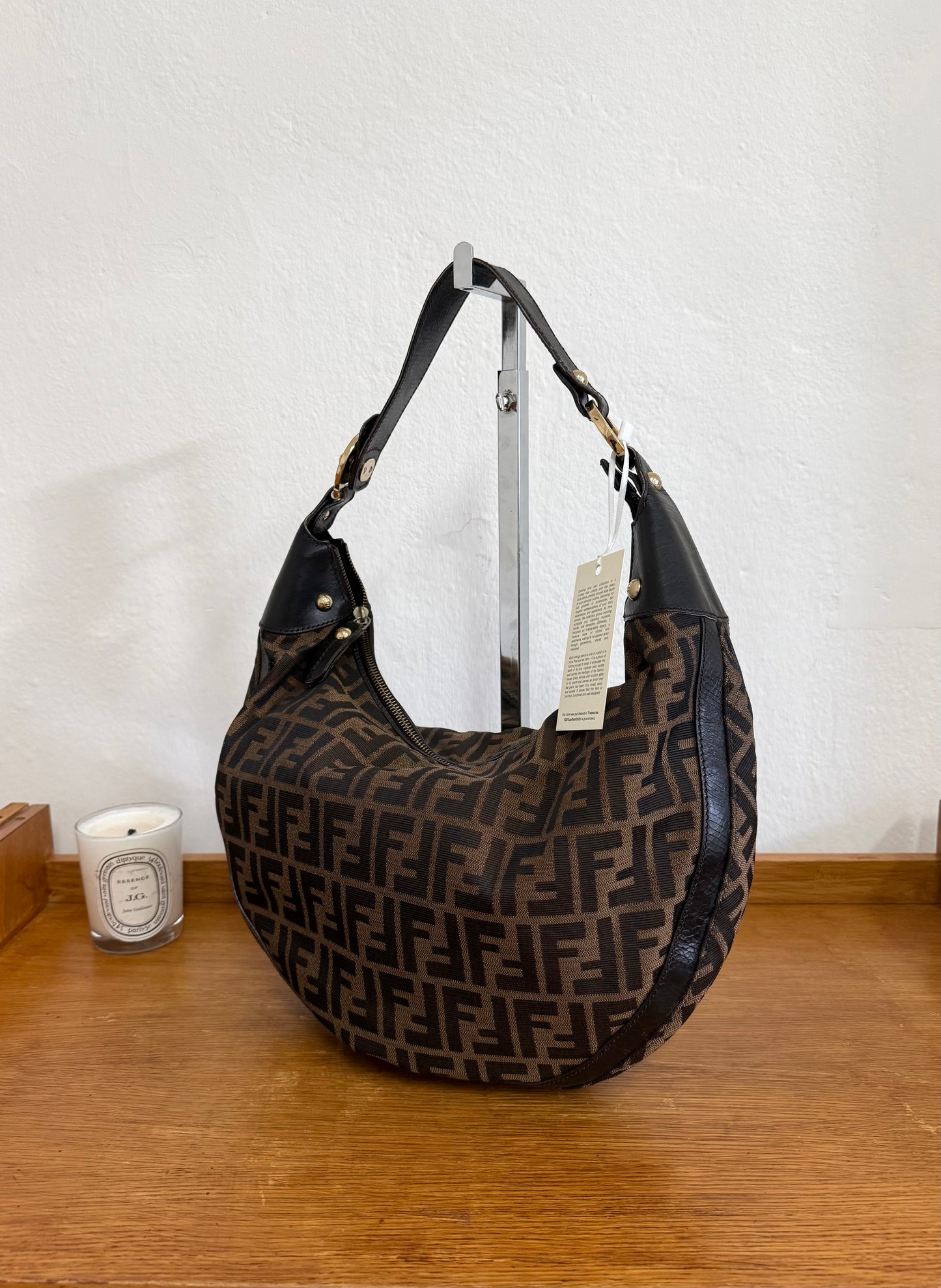 FENDI HALF MOON ZUCCA CANVAS HOBO BAG BROWN