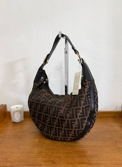 FENDI HALF MOON ZUCCA CANVAS HOBO BAG BROWN