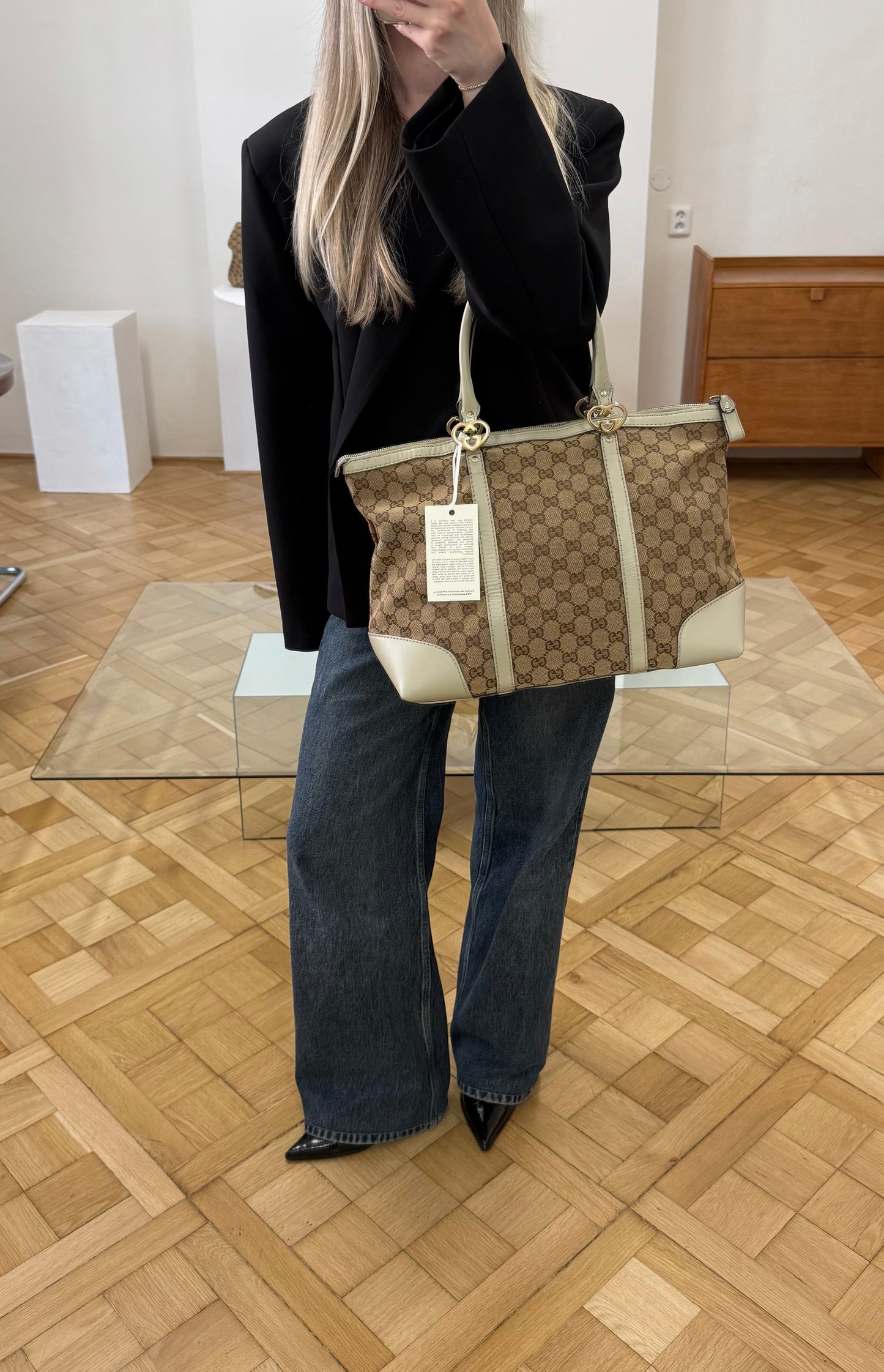 GUCCI HEART GG MONOGRAM SHOPPER TOTE BAG