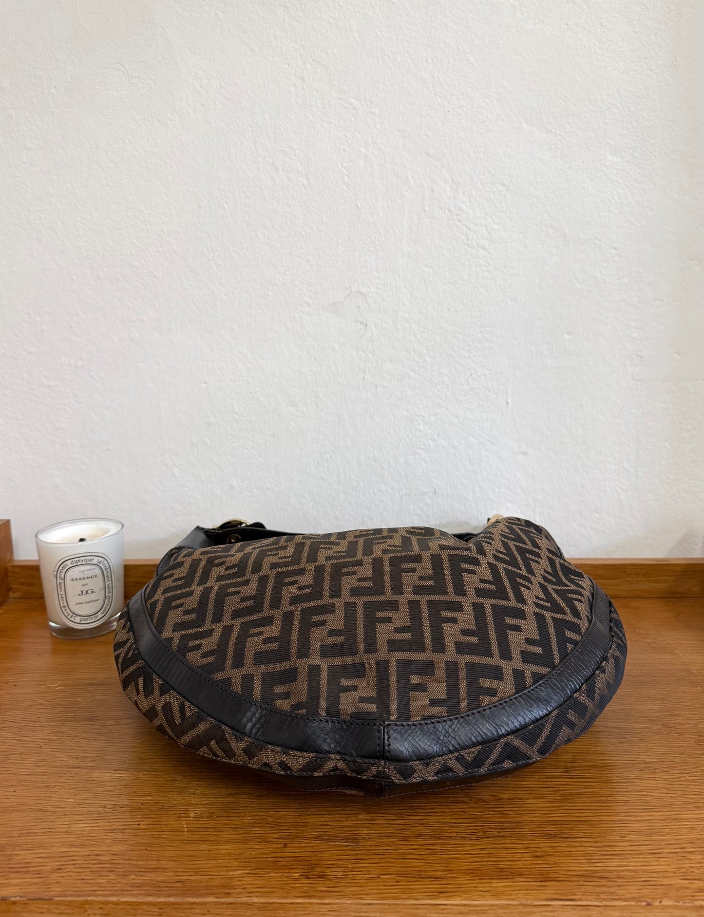 FENDI HALF MOON ZUCCA CANVAS HOBO BAG BROWN
