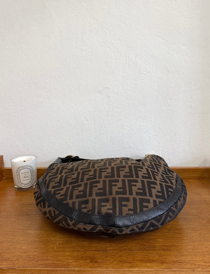 FENDI HALF MOON ZUCCA CANVAS HOBO BAG BROWN