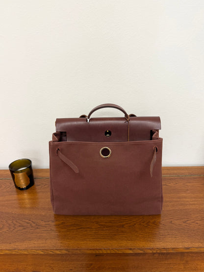 HERMÈS HERBAG HANDBAG BURGUNDY CANVAS & LEATHER